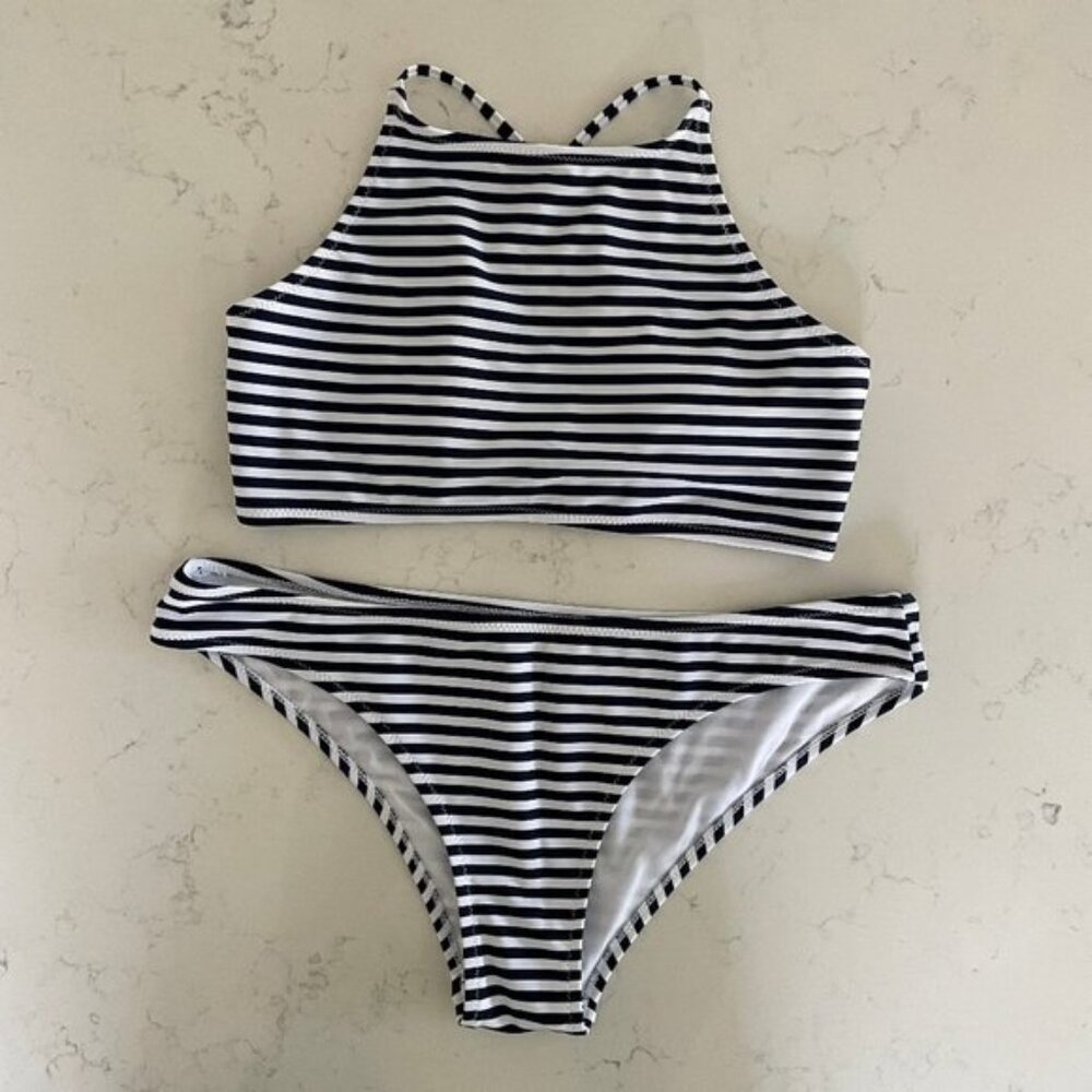 Shekini High Neck Lace Up Back Striped 2 Piece Bikini Set Navy   White Sz L NWOT